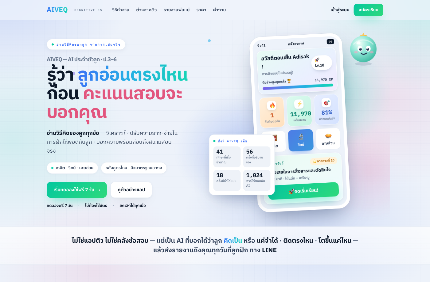 หน้าแรก aiveq.ai — ปุ่ม “สมัครเรียน” และ “ทดลองใช้ฟรี”